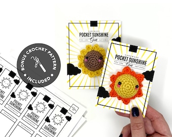 PRINTABLE Pocket Sunshine Tags - BONUS Amigurumi Sun Crochet Pattern - PDF - pocket hug cards & templates, handmade cute easter gift tags