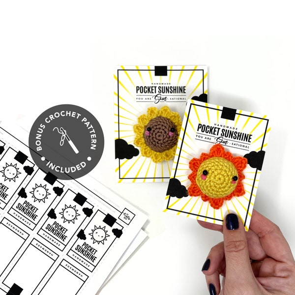 PRINTABLE Pocket Sunshine Tags - BONUS Amigurumi Sun Crochet Pattern - PDF - pocket hug cards & templates, handmade cute easter gift tags