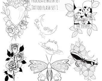 Tattoo flash, procreate stamps for blackwork or stipple art