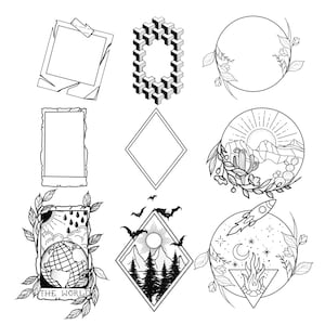 Procreate stamp for nature border, scenic landscapes, and polaroid pictures. Some inside filler included mountains, stars, suns, flowers.