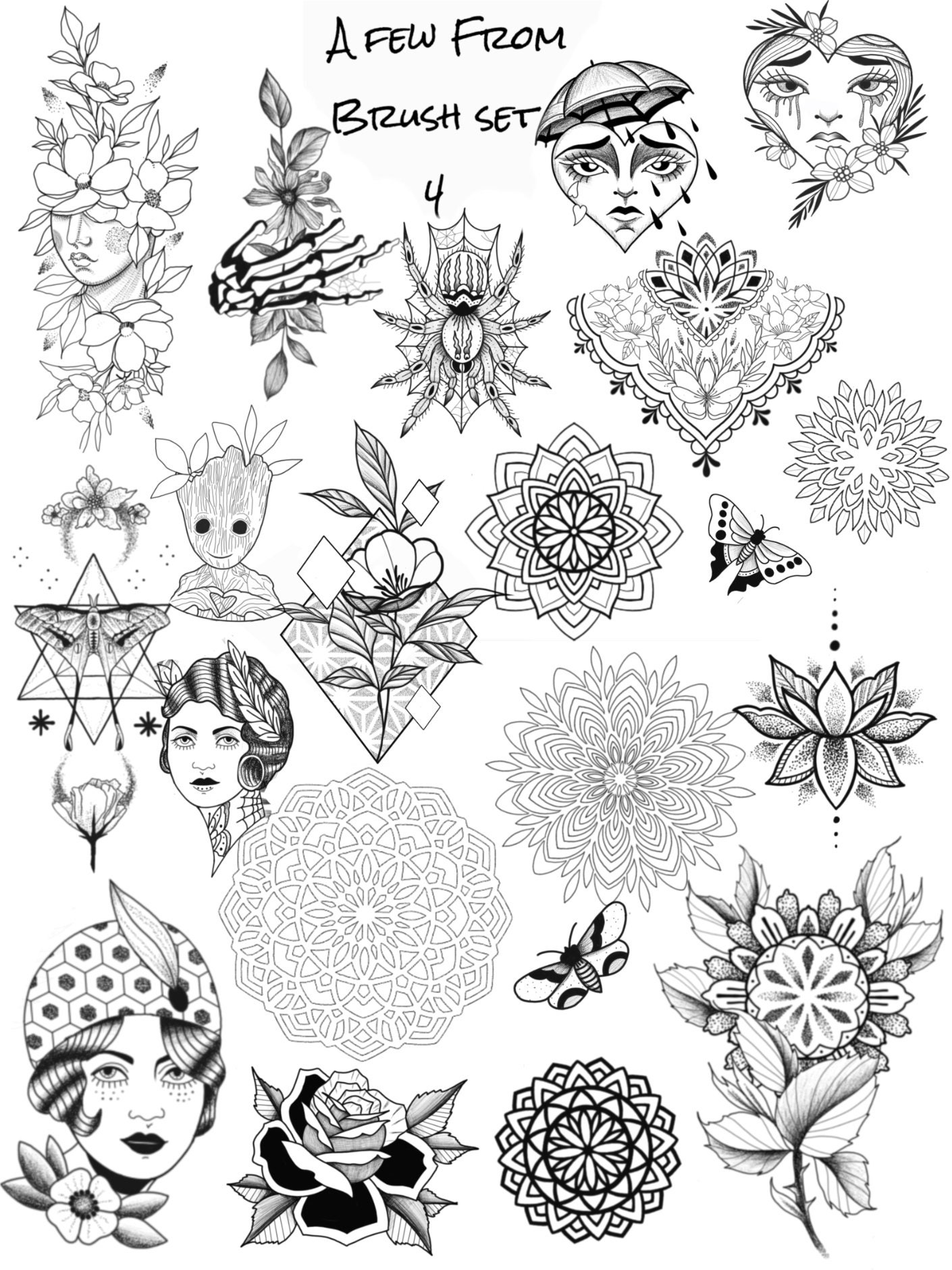 Blackwork and Stipple Tattoos. Procreate Brush Set for Over 230 Horror ...