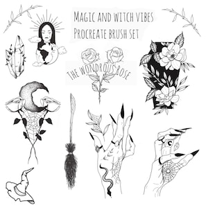 Ensemble de pinceau procréé pour flash de tatouage. Cette vente flash est pleine d’ambiances sorcières, ou, Halloween, et effrayante. Merci d’avoir regardé