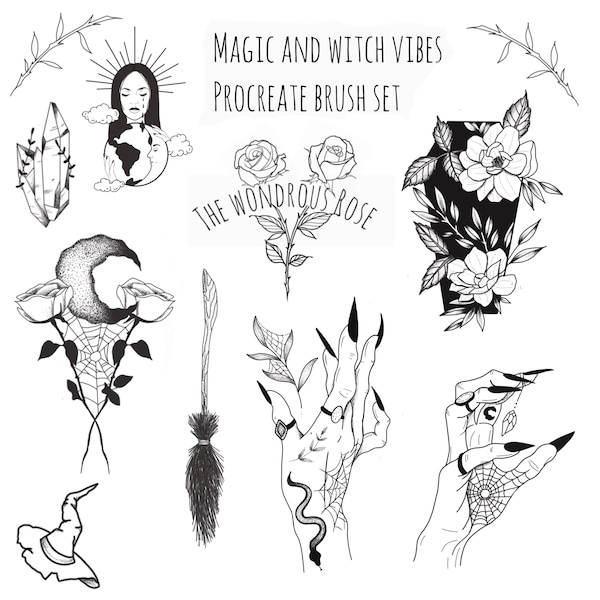 Procreate brush set for tattoo flash. This flash sale is full of witchy vibes, or, Halloween, and spookyness. Thanks for looking