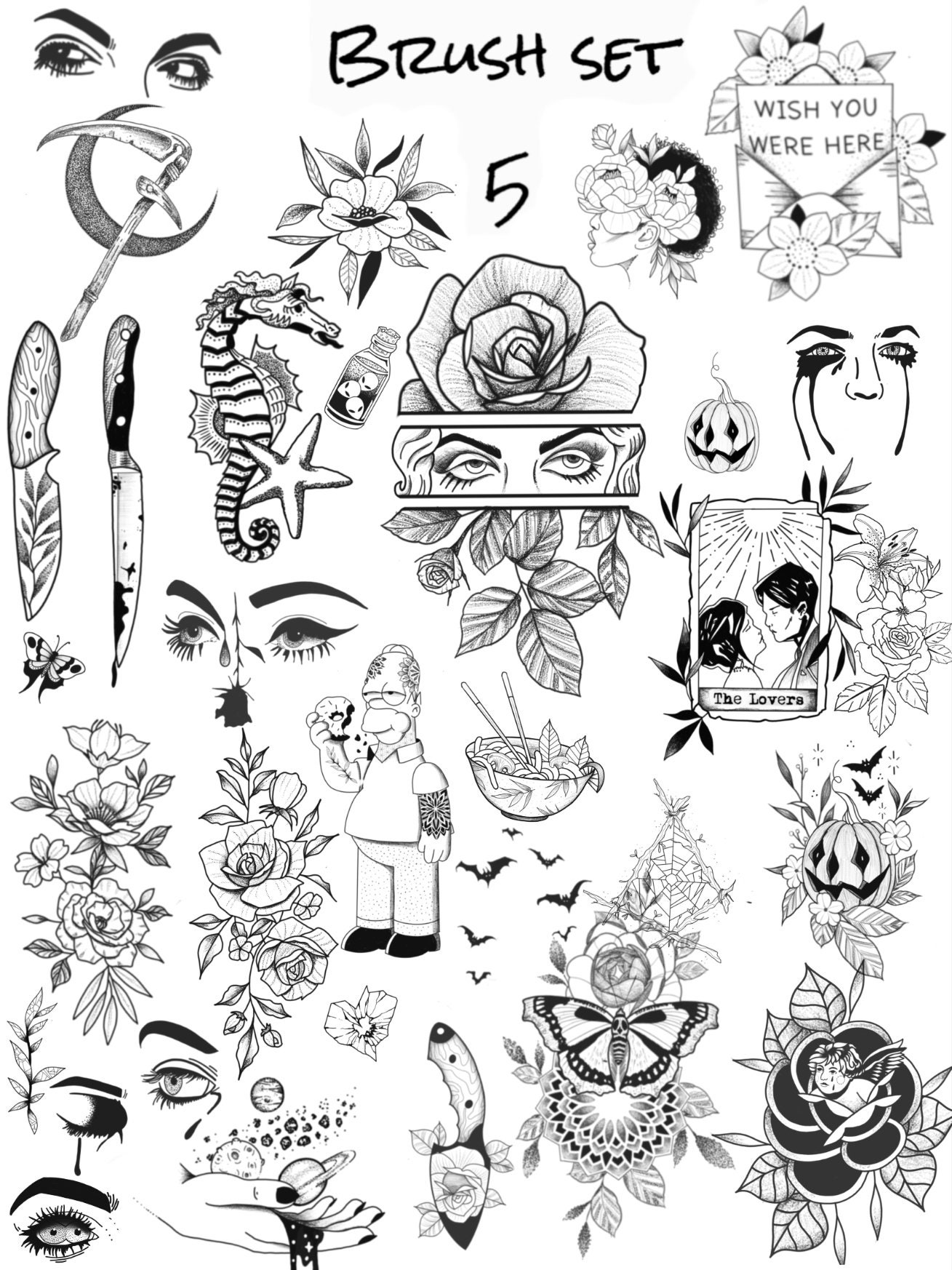 Blackwork and Stipple Tattoos. Procreate Brush Set for Over 230 Horror ...