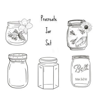 May include: Black and white line art illustration of a Procreate Jar Set. The set includes various jar designs, some with floral and insect details, and the text "Procreate Jar Set".