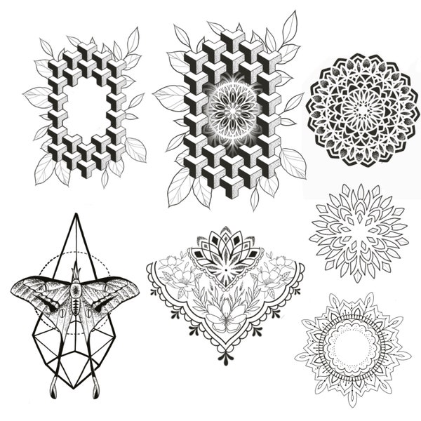 Geometric Procreate stamp sets. Dotwork mandalas to Geometric tattoo flash with moths.