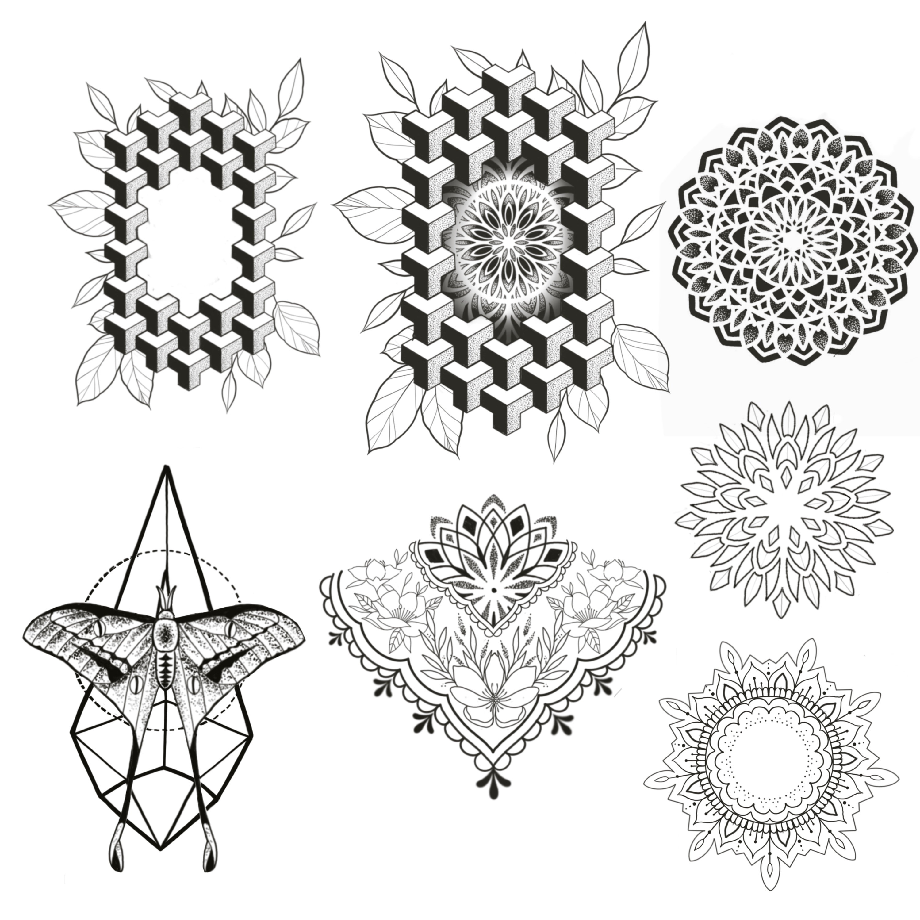 Set de sellos para Procreate geométricos – Mandalas dotwork, polillas y contornos de tattoo flash