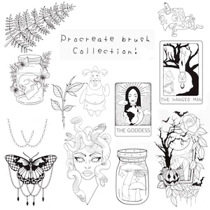 Könnte beinhalten: Eine Sammlung von Schwarz-Weiß-Illustrationen mit verschiedenen Designs. Dazu gehören ein Schädel in einem Glas mit Schmetterlingen, ein Medusa-Kopf, eine Tarotkarte, ein Schmetterling mit Kettendetails sowie botanische und Cartoon-Elemente. Text lautet "Procreate brush Collection!"