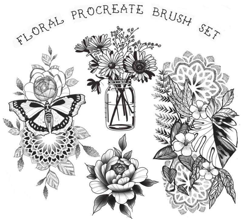 Floral Procreate Brush Set. Tattoo Flash That is Fully Dotwork Etsy