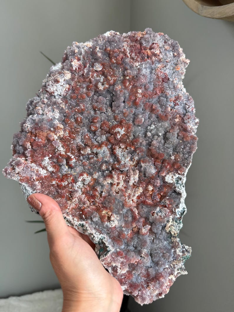 Op de afbeelding: Een groot, plat mineraalexemplaar met een cluster van kleine kristallijne formaties. Het oppervlak vertoont een mix van dieproodbruine en bleke lavendelgrijze tinten, met een getextureerd, hobbelig uiterlijk over de gehele onregelmatige vorm.
