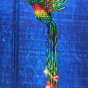 Hummingbird Ornament Hand Beaded with extra long 5 inch tail by Mayan Womens Beading Cooperative Green