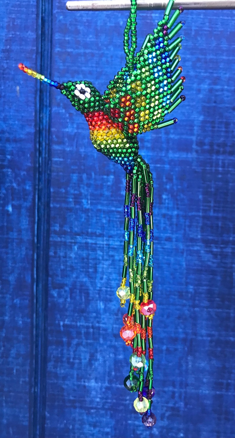 Hummingbird Ornament Hand Beaded with extra long 5 inch tail by Mayan Womens Beading Cooperative Green