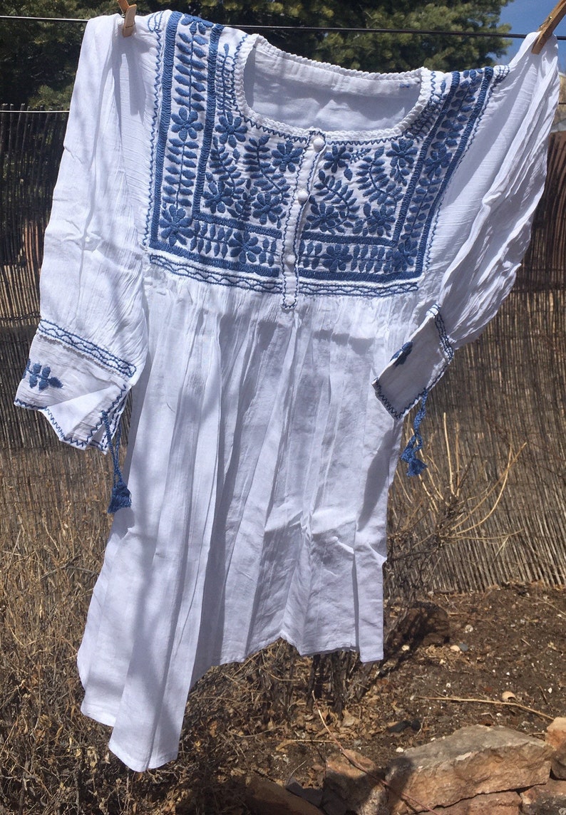Stunning Blue embroidery Spanish Colonial style Handmade Mexican Cotton Blouse