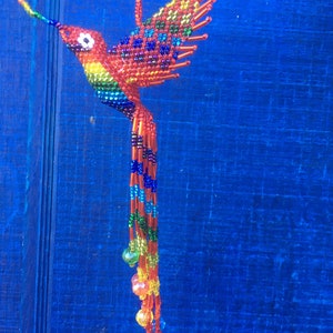 Hummingbird Ornament Hand Beaded with extra long 5 inch tail by Mayan Womens Beading Cooperative Red