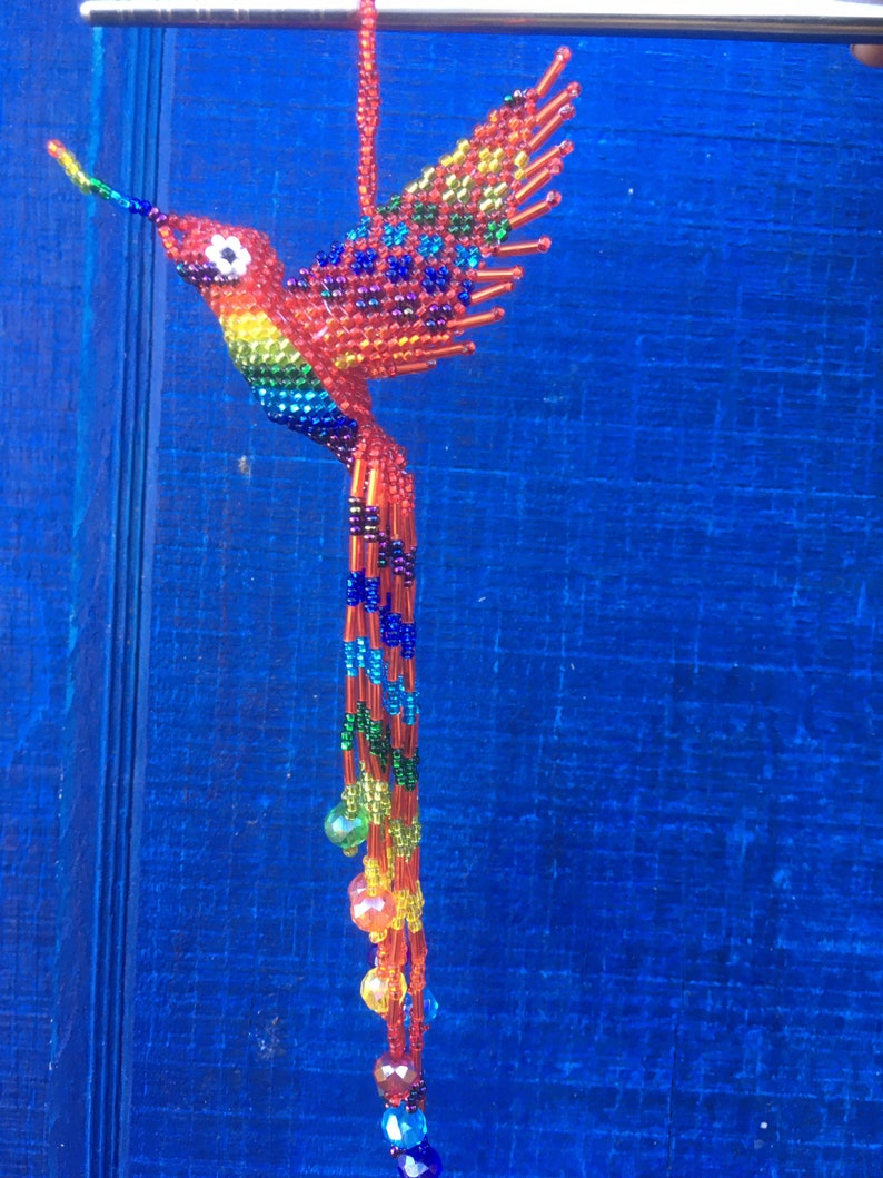 Hummingbird Ornament Hand Beaded with extra long 5 inch tail by Mayan Womens Beading Cooperative Red