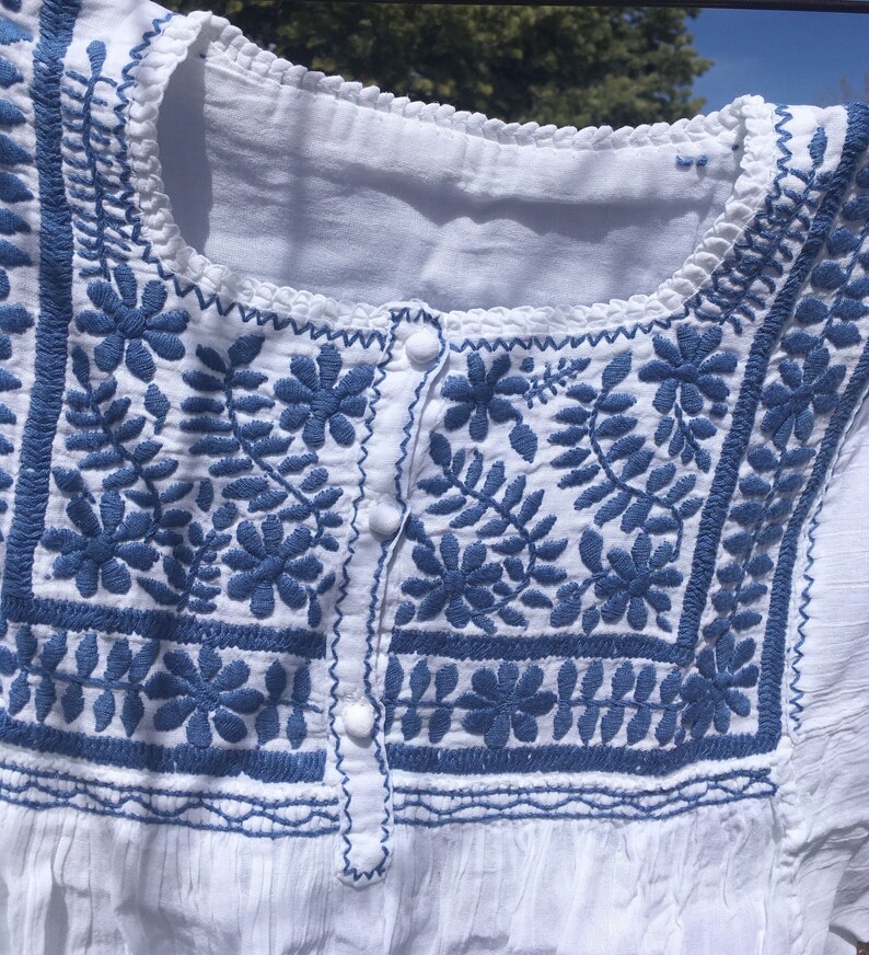 Stunning Blue embroidery Spanish Colonial style Handmade Mexican Cotton Blouse