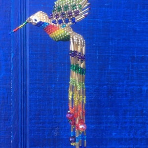 Hummingbird Ornament Hand Beaded with extra long 5 inch tail by Mayan Womens Beading Cooperative Gold