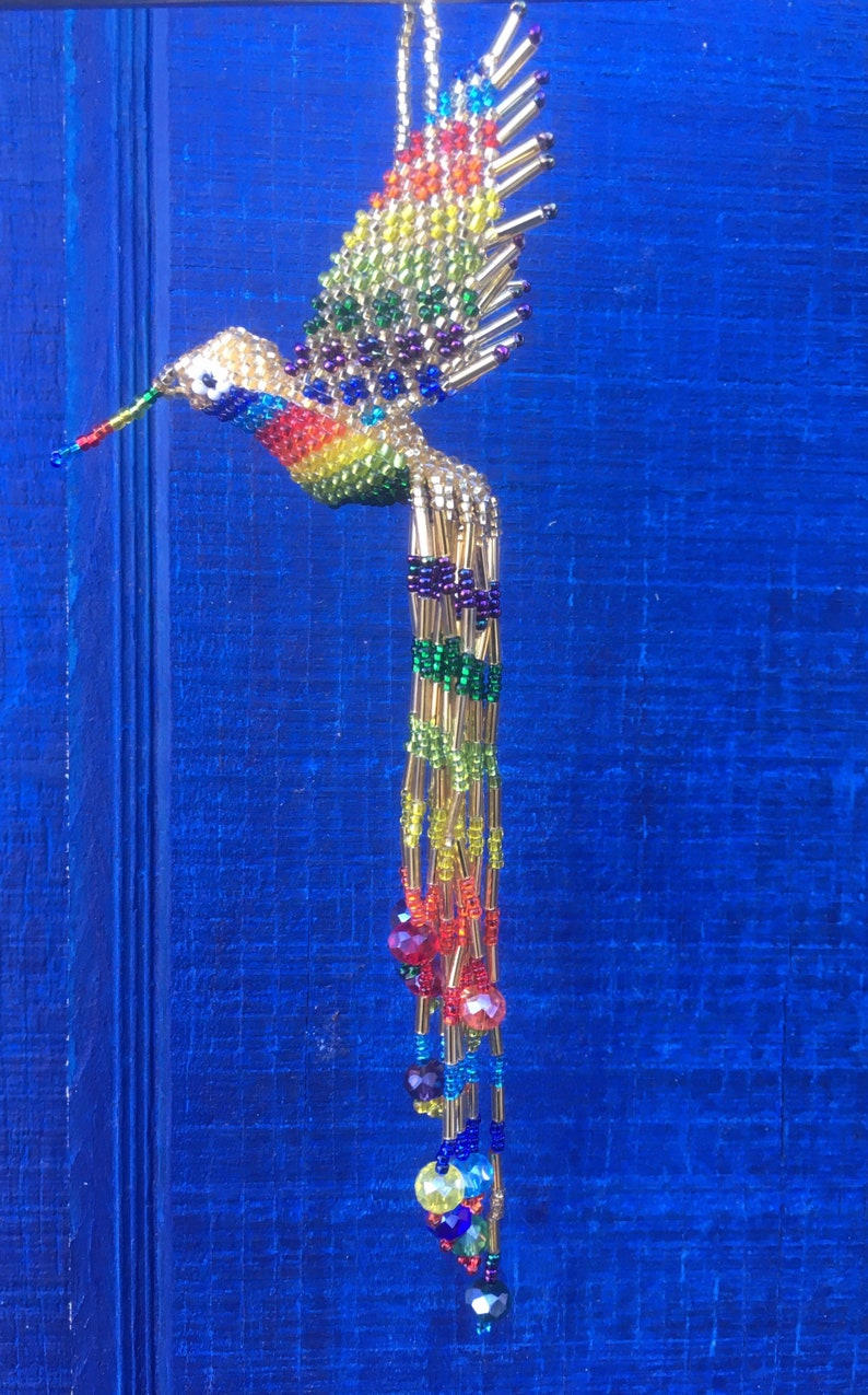 Hummingbird Ornament Hand Beaded with extra long 5 inch tail by Mayan Womens Beading Cooperative Gold