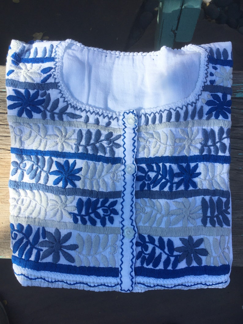 Stunning Blue embroidery Spanish Colonial style Handmade Mexican Cotton Blouse