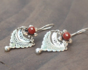 Vintage Guatemalan Artisan Earrings Sterling Silver and Natural Sardinian Coral Beads Spanish Colonial Reproduction