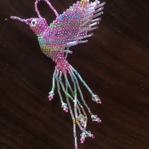 Hummingbird Hand beaded Fair Trade Glass seed beads with vintage Austrian Crystal beads in the Tail
