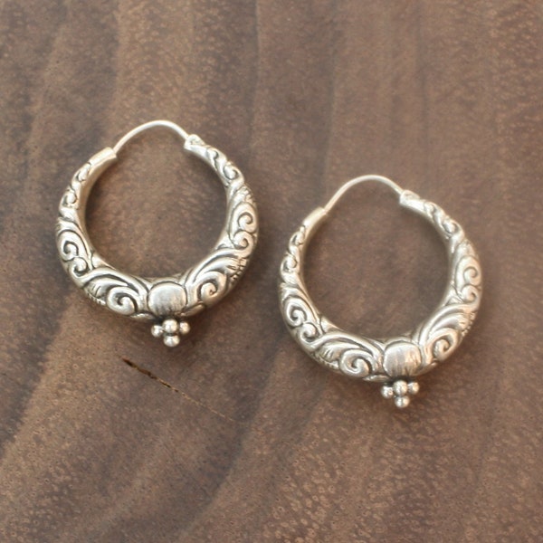 Ornate Tribal Hoop Earrings Sterling Silver Artisan Antique Tibetan Reproduction Handmade