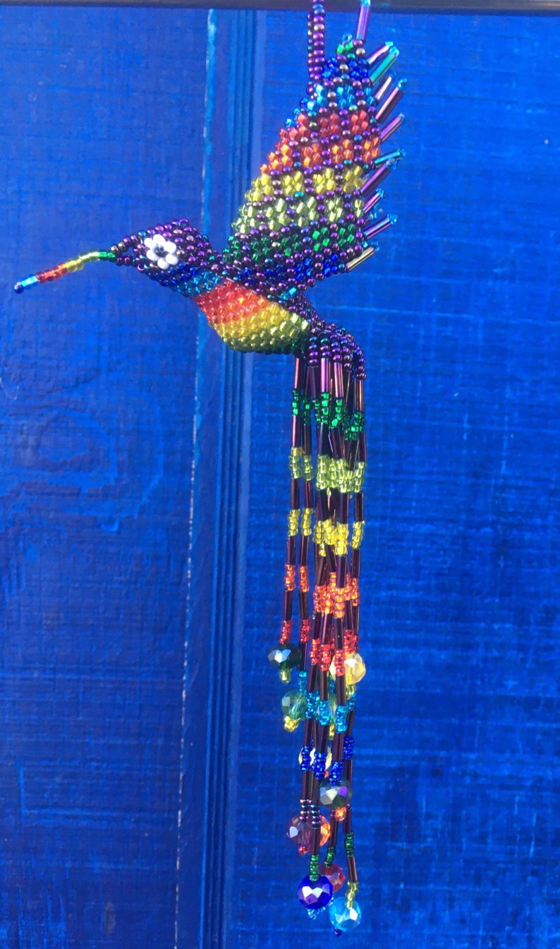 Hummingbird Ornament Hand Beaded with extra long 5 inch tail by Mayan Womens Beading Cooperative Purple