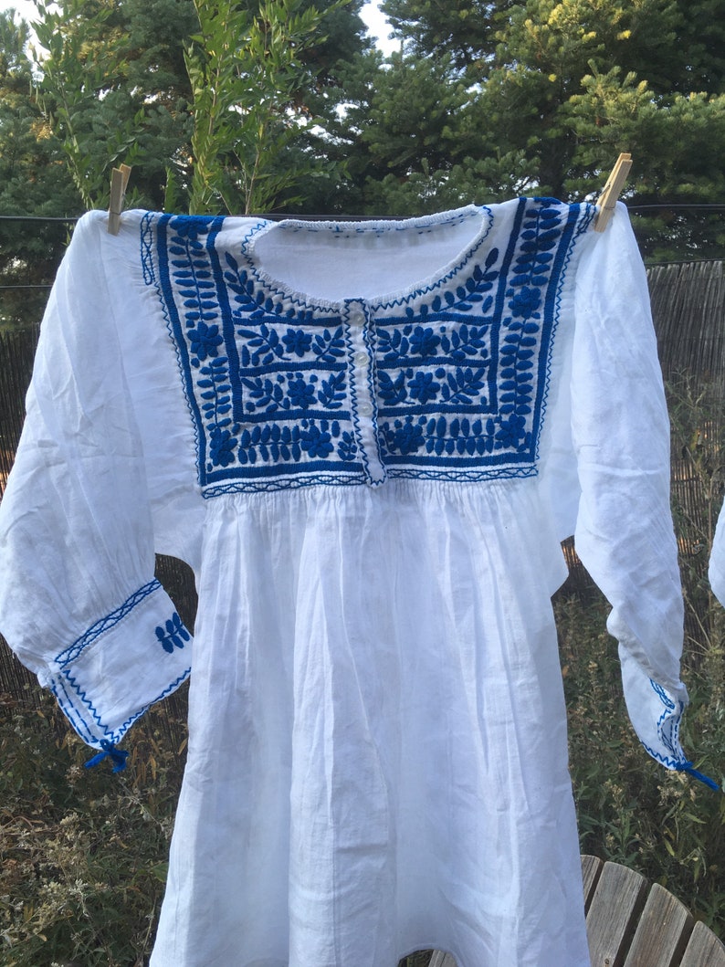 Stunning Blue embroidery Spanish Colonial style Handmade Mexican Cotton Blouse