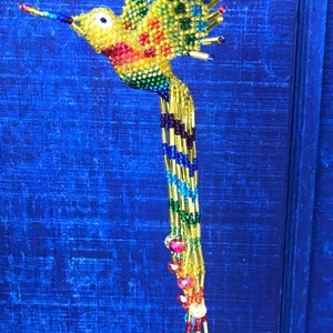 Hummingbird Ornament Hand Beaded with extra long 5 inch tail by Mayan Womens Beading Cooperative Yellow