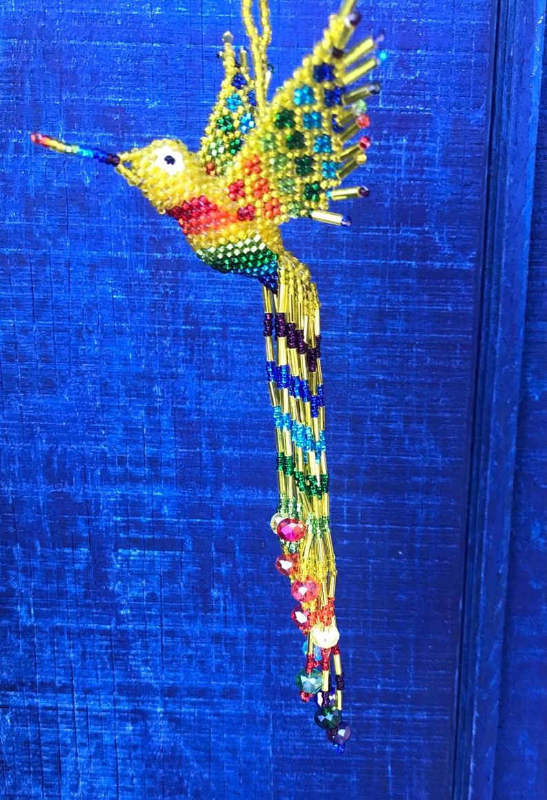 Hummingbird Ornament Hand Beaded with extra long 5 inch tail by Mayan Womens Beading Cooperative Yellow