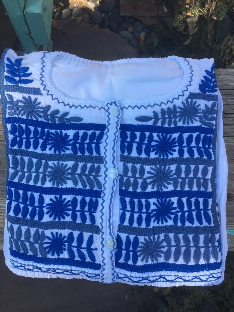 Stunning Blue embroidery Spanish Colonial style Handmade Mexican Cotton Blouse