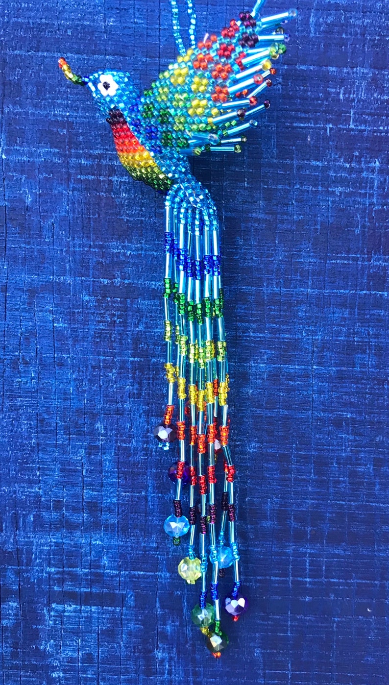 Hummingbird Ornament Hand Beaded with extra long 5 inch tail by Mayan Womens Beading Cooperative turquoise