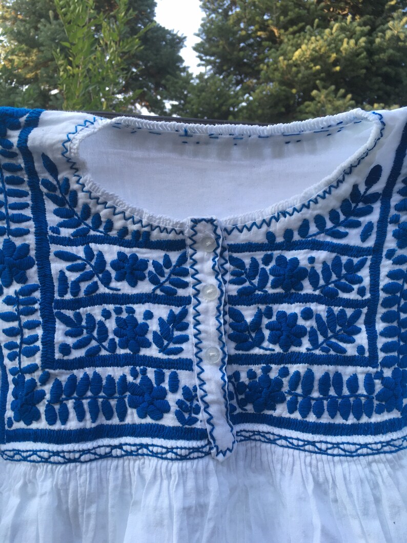 Stunning Blue embroidery Spanish Colonial style Handmade Mexican Cotton Blouse