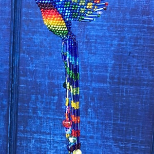 Hummingbird Ornament Hand Beaded with extra long 5 inch tail by Mayan Womens Beading Cooperative Blue