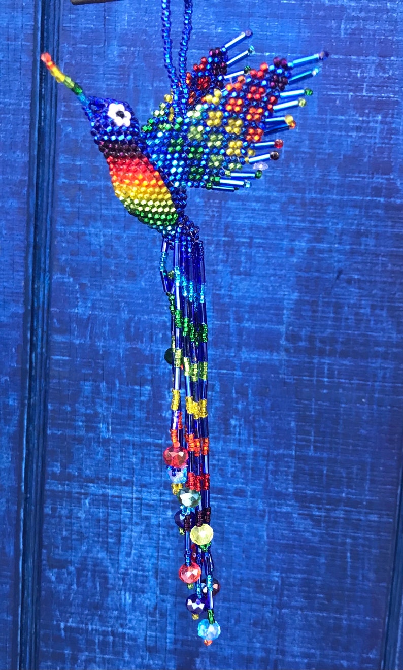 Hummingbird Ornament Hand Beaded with extra long 5 inch tail by Mayan Womens Beading Cooperative Blue