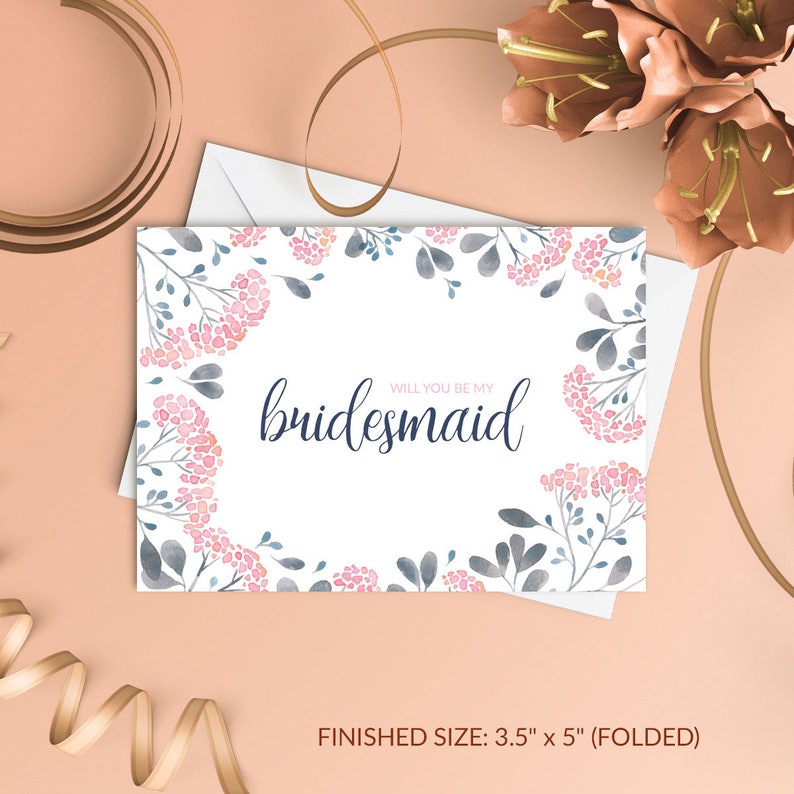 Instant Download Bridesmaid Printable Card wedding party DIY heart Will You Be My Maid of Honor Ask to be Bridesmaid Flower Card