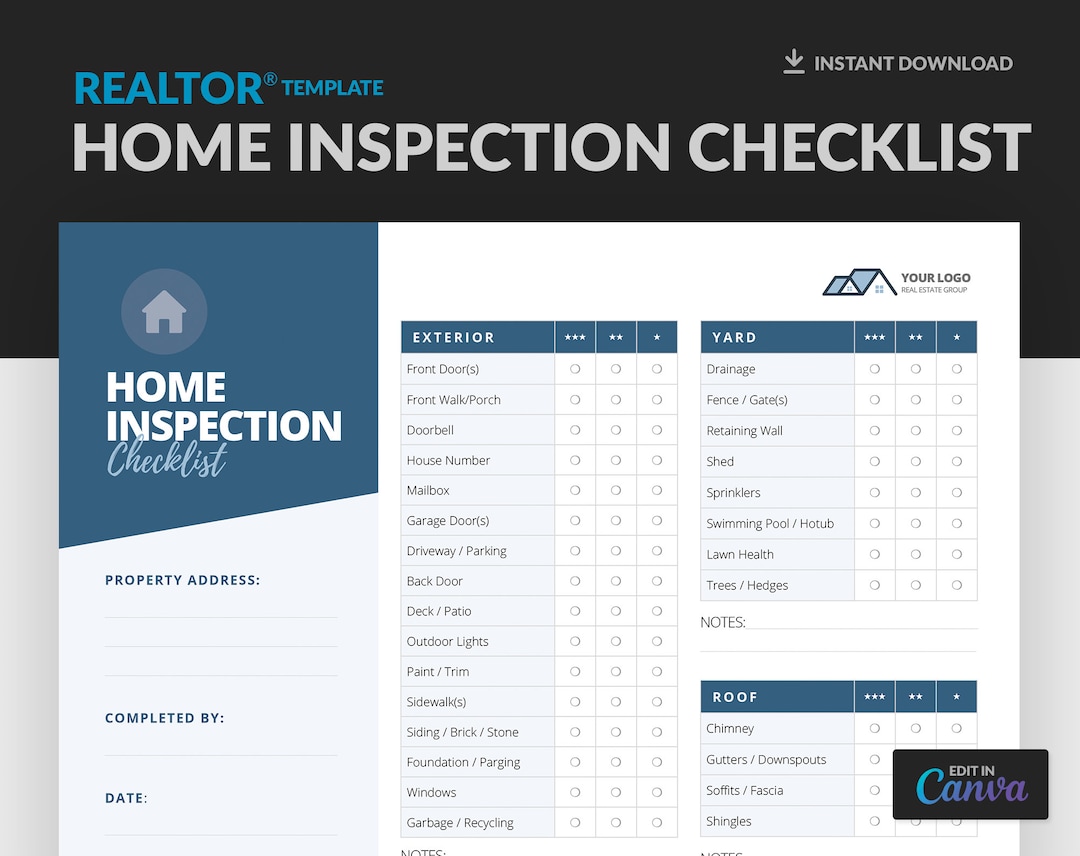 Real Estate Home Inspection Checklist, Inspection Form, Real Estate