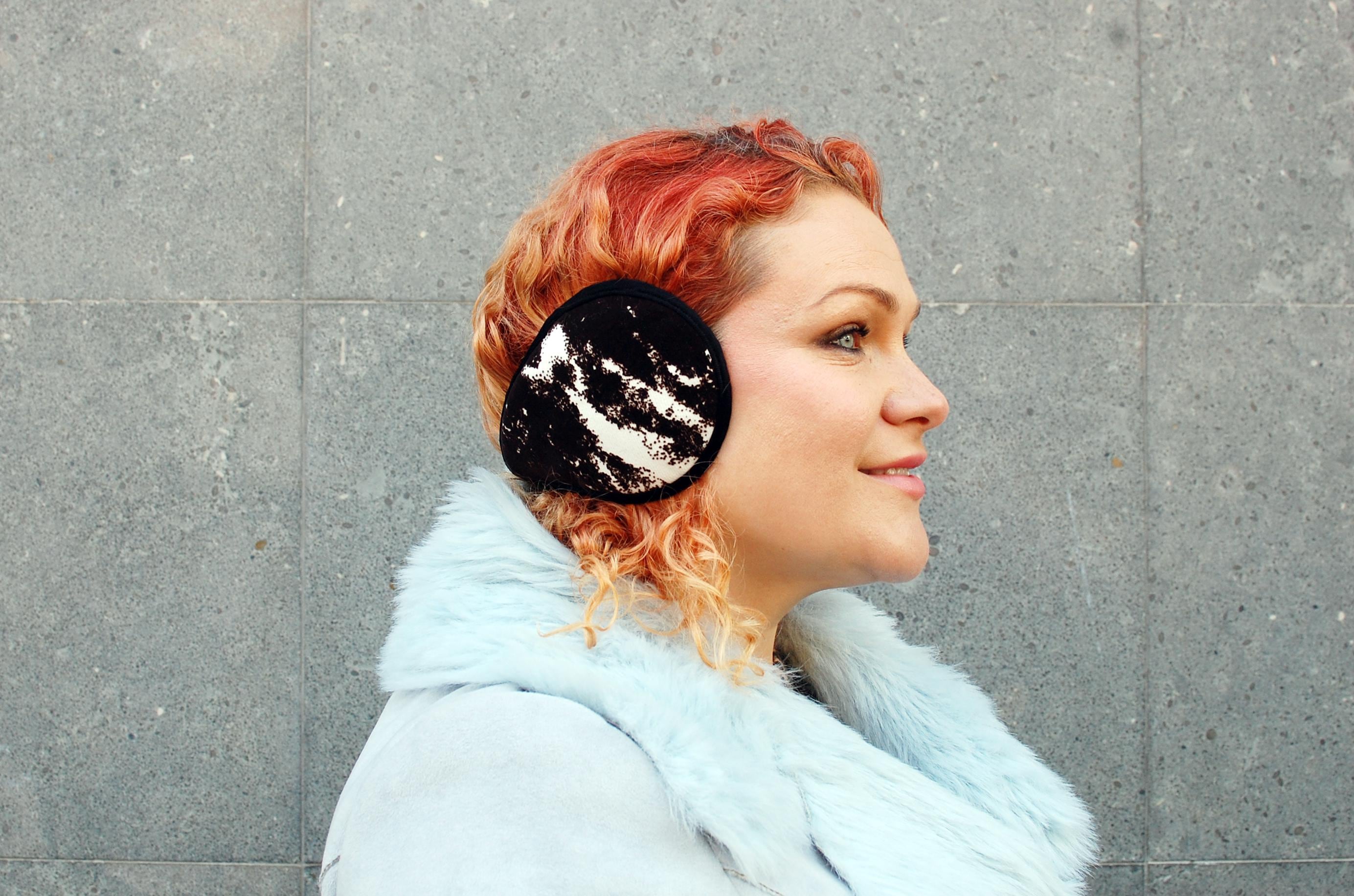 Black White Denim Ear Warmers, Fleece Lined Winter Headband, Unisex Earmuffs