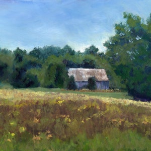 Blue Barn Landscape Oil Painting: Autumn Field Art (9x12 inch)