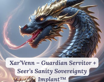 May include: A digital illustration of a blue dragon with gold accents, an open mouth, and a long red tongue. The dragon's head is in the foreground, with the body curving behind it. Text on a white banner reads "Xar'Venn - Guardian Servitor + Seer's Sanity Sovereignty Implant™".
