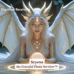Peut inclure: Image d'art numérique d'une femme aux cheveux blancs, aux cornes dorées et aux grandes ailes blanches. Elle tient un globe lumineux. L'image comprend le texte "Dignified Receiving" et "Seyana the Graceful Flame Servitor™".