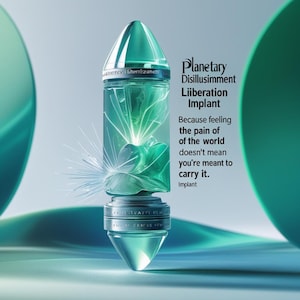 May include: A teal-coloured implant with a transparent cylindrical body and a pointed base. The design features internal glowing elements and the text "Planetary Disillusimment Liberation Implant". The image has a soft, ethereal aesthetic.