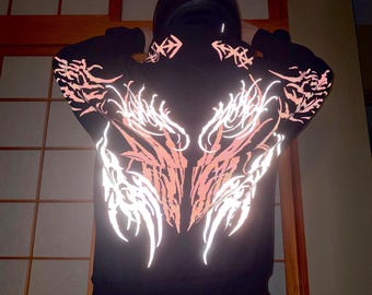 Neo Tribal Reflective Hoodie, loose fitting nighttime riding visibility enhancing garment pullover