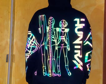 Huntr.x Rainbow Reflective Hoodie, loose fitting nighttime riding garment pullover