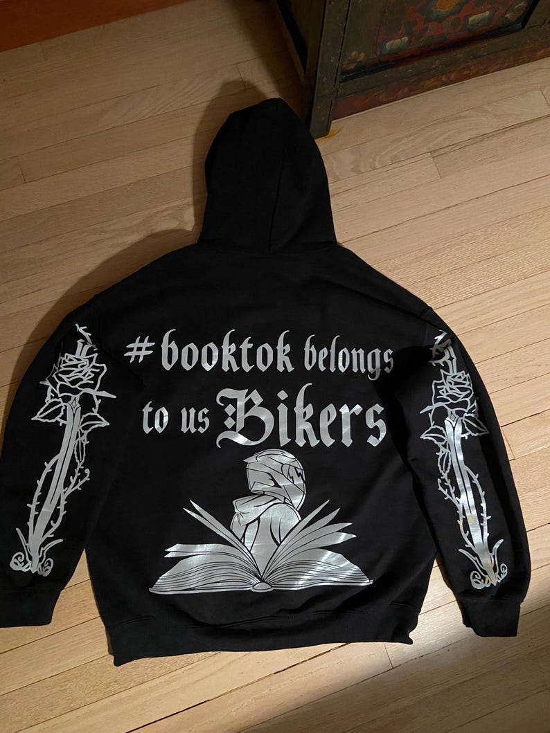 Booktok Biker Hoodie, Reflective Design, Crafted in USA Version 2 (silver)