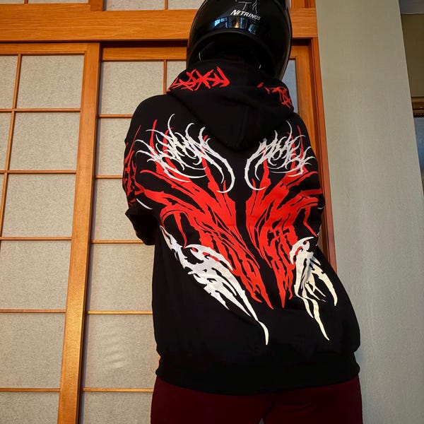 Neo Tribal Reflective Hoodie, loose fitting nighttime riding visibility enhancing garment pullover