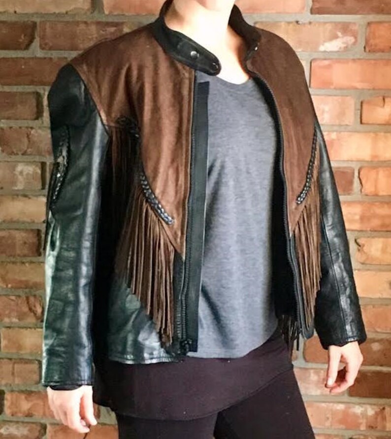 Vintage UNIK Leather Fringe Biker Jacket Womens US Size | Etsy