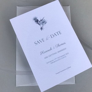 Save the date with pencil sketch of thistle and rose, entwined thistle and thistle and shamrock for Scottish/English/Irish/ wedding