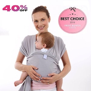 Baby Sling Wrap Carrier Comforts Baby, Less Crying, Encourages Mental & Emotional Development, Free Adorable Baby Hat-Natural Cotton GRAY image 1