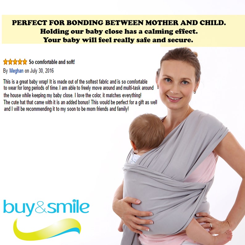 Baby Sling Wrap Carrier Comforts Baby, Less Crying, Encourages Mental & Emotional Development, Free Adorable Baby Hat-Natural Cotton GRAY image 9